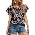 thumbnail image 1 of Chiffon Top, V Neck Chiffon Top Polyester Printed Ruffle Sleeve  For Dating Pink Flower With Black Background S, 1 of 6