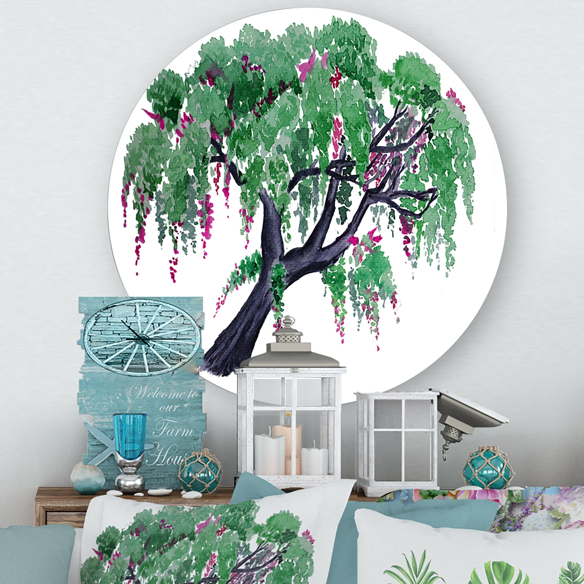 Designart 'A Lonely Tree of Wisteria' Traditional Circle Metal Wall Art 11x11 - Disc of 11