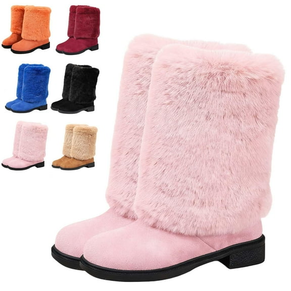 SACFOF Fur Boot for Women Comfortable Fuzzy Knee High Boots Round Toe Warm Snow Boots Fashion Winter Boots Y2K