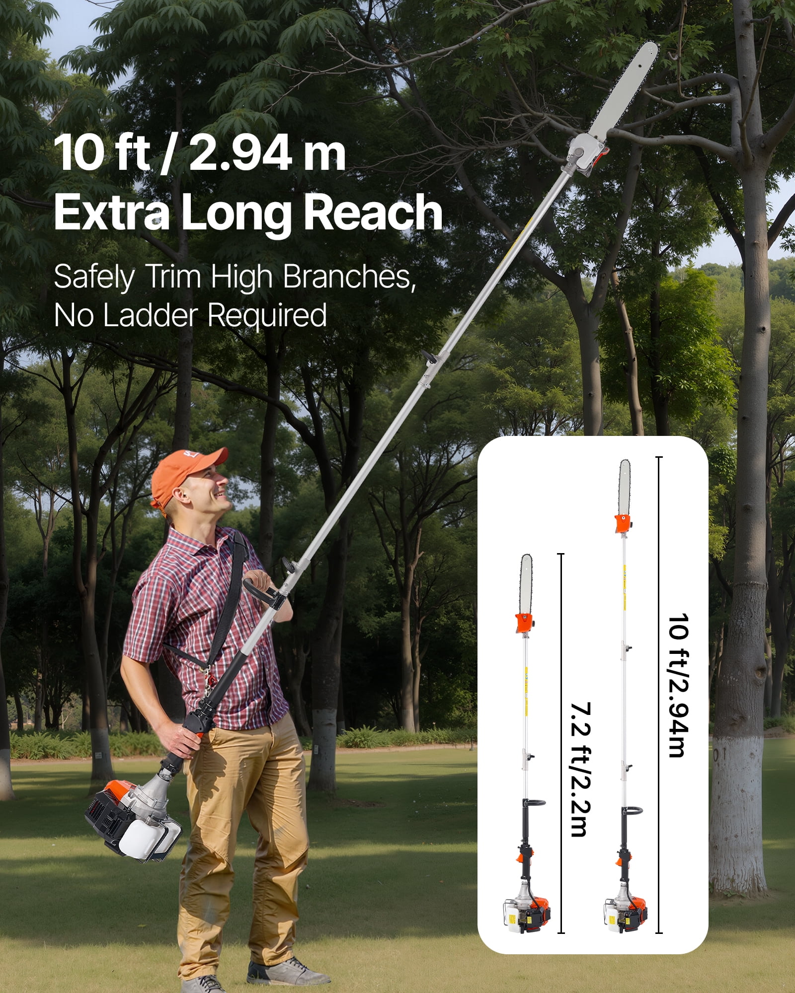 VEVOR Gas Pole Saw, 52CC 2 Stroke Gas Powered Pole Saws with 14 in Cutting Bar, Cordless Tree Trimmer with 30 fl.oz Fuel Tank, 7.2 to 10 ft Extendable, Powerful Chainsaw for Tree Trimming Pruning