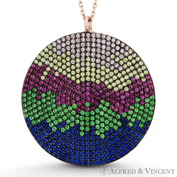 1.5" (37mm) Round Disc Cubic Zirconia Crystal Rainbow Pendant & Chain Necklace in .925 Sterling Silver