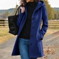 thumbnail image 2 of Husipze Women Winter Casual Single Breasted Hooded Jacket Pea Coat Long Wool Blend Coat Jacket Trench Coat Overcoat Dark Blue 3XL, 2 of 7