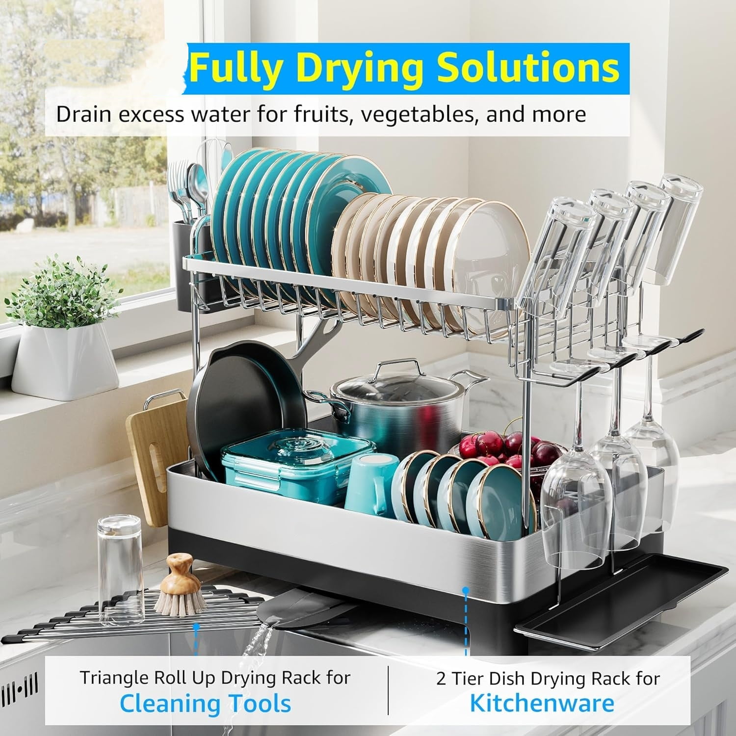 2 Tier Dish Drying Rack, Extra Large Dish Rack, Multifunctional Large Dish Drainers for Kitchen Counter, 304 Stainless Steel Kitchen Drying Rack, Bowl Drying Rack, Extendable Drain Spout, Black