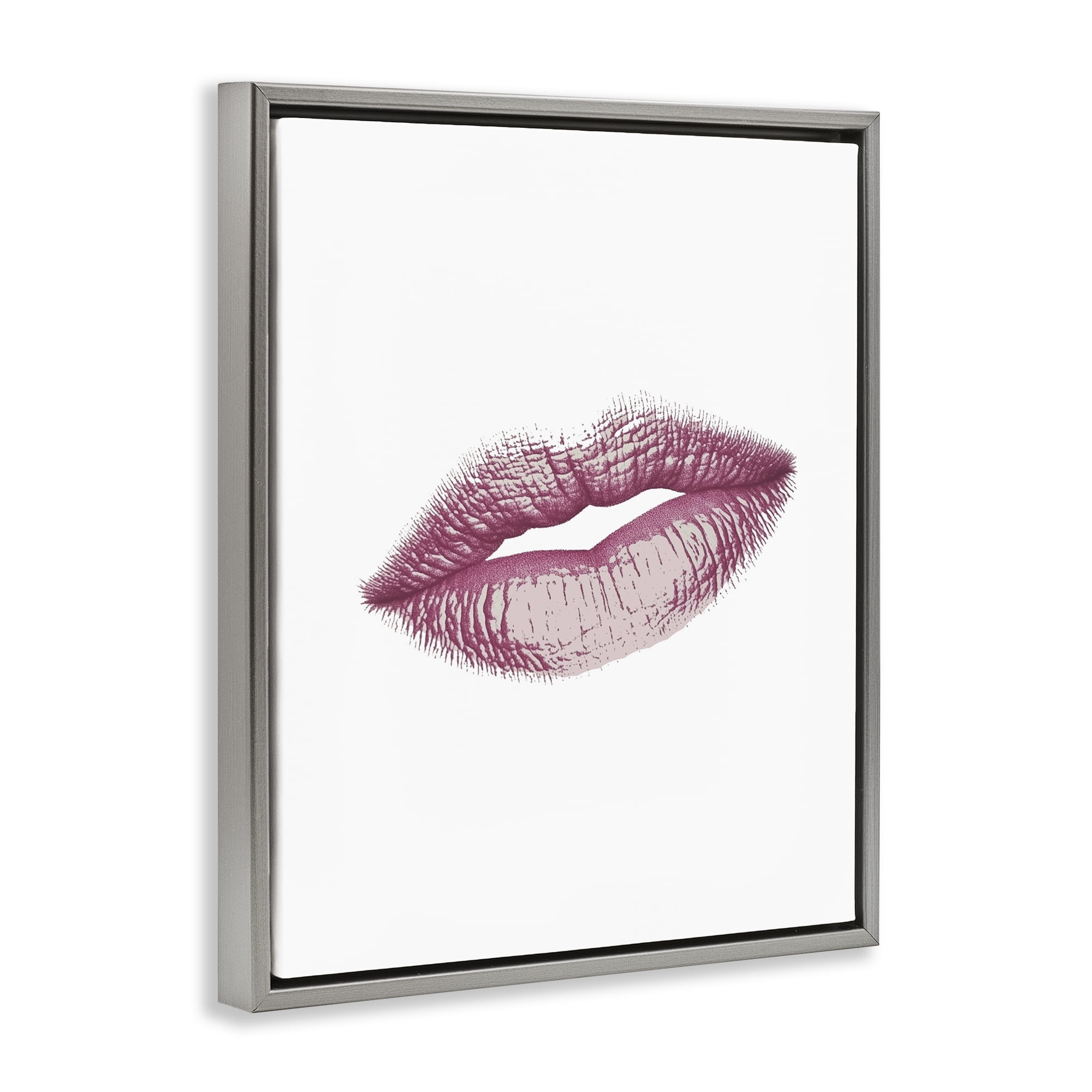 Feminine Pink Lips Glam Gray Framed Floater Canvas Wall Art, design by Christine Simpson Art