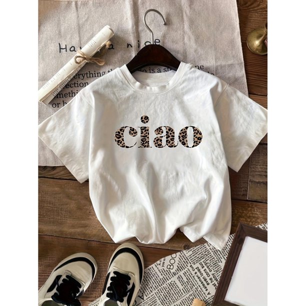 Women's Casual Leopard Print Ciao Graphic Short Sleeve T-Shirt - Round Neck Spring Summer Fall Top, Medium Stretch Machine Washable Regular Fit Tee, Seasonal Fashion, Nontransparent Fabric