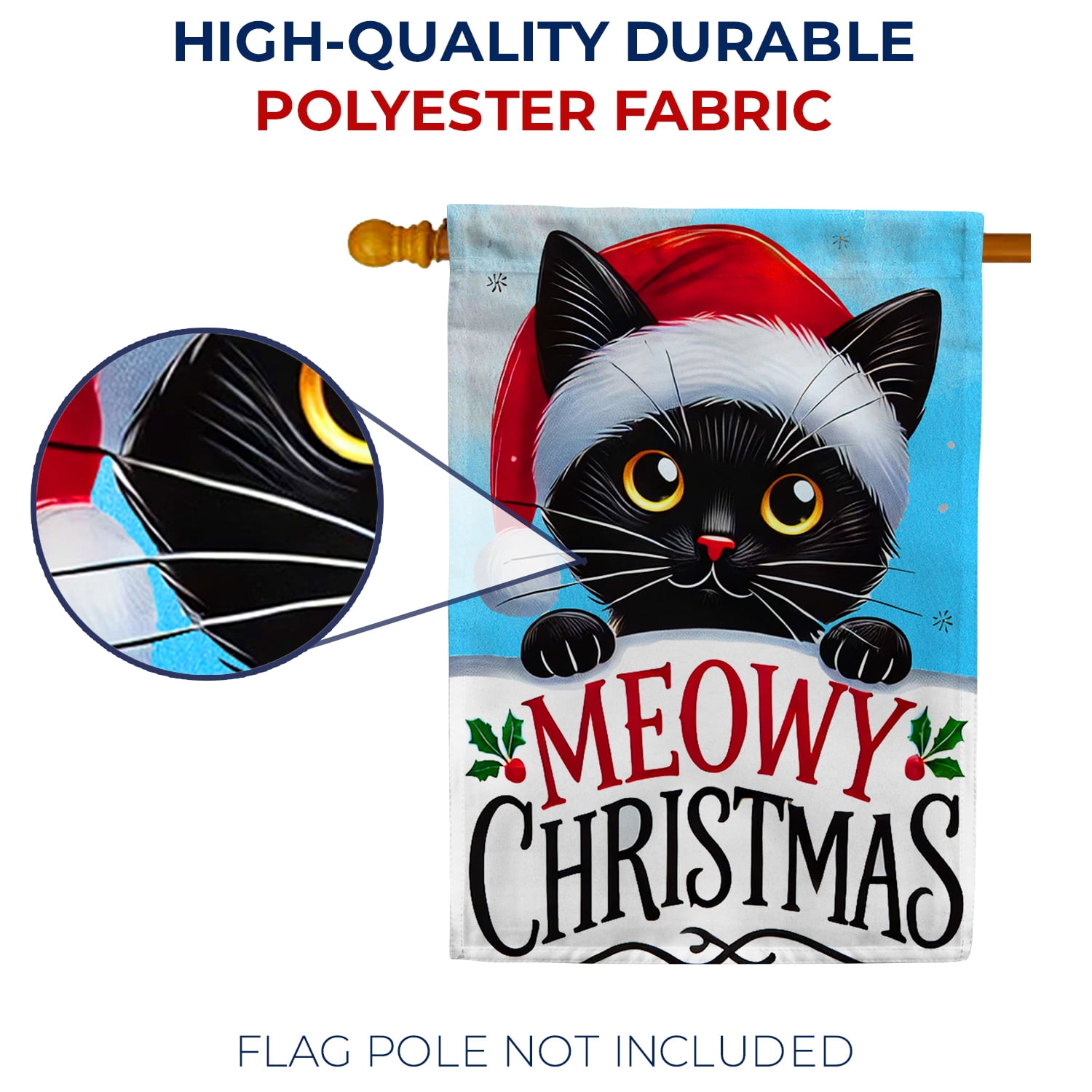 America Forever Meowy Christmas Cat House Flag, 28 x 40 inches Double Sided, Black Cat with Santa Hat, Cat Christmas Holiday Flag, Festive Winter Decor Outdoor Seasonal Flags for Yard, Lawn