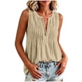 thumbnail image 6 of CYMMPU Women's Sleeveless Crinkle Linen Tank Top, V Neck Pleated Henley Button Front Relax Summer Blouse Beige L, 6 of 7