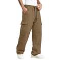 thumbnail image 4 of EANJE Men's Cargo Sweatpants Straight Wide Leg Sweat Pants with Pockets Open Bottom Elastic Drawstring Waist Joggers Pants for Winter Daily​ Warm Wear Light Brown XL, 4 of 8
