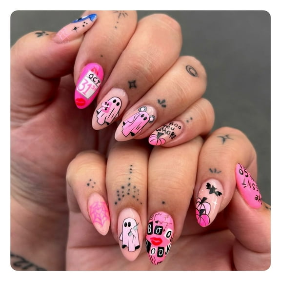RAGUPEL 24Pcs Halloween Nails,Sweet and Cool Halloween Press on Nails,Ghost Almond Press on Nails,Pink1