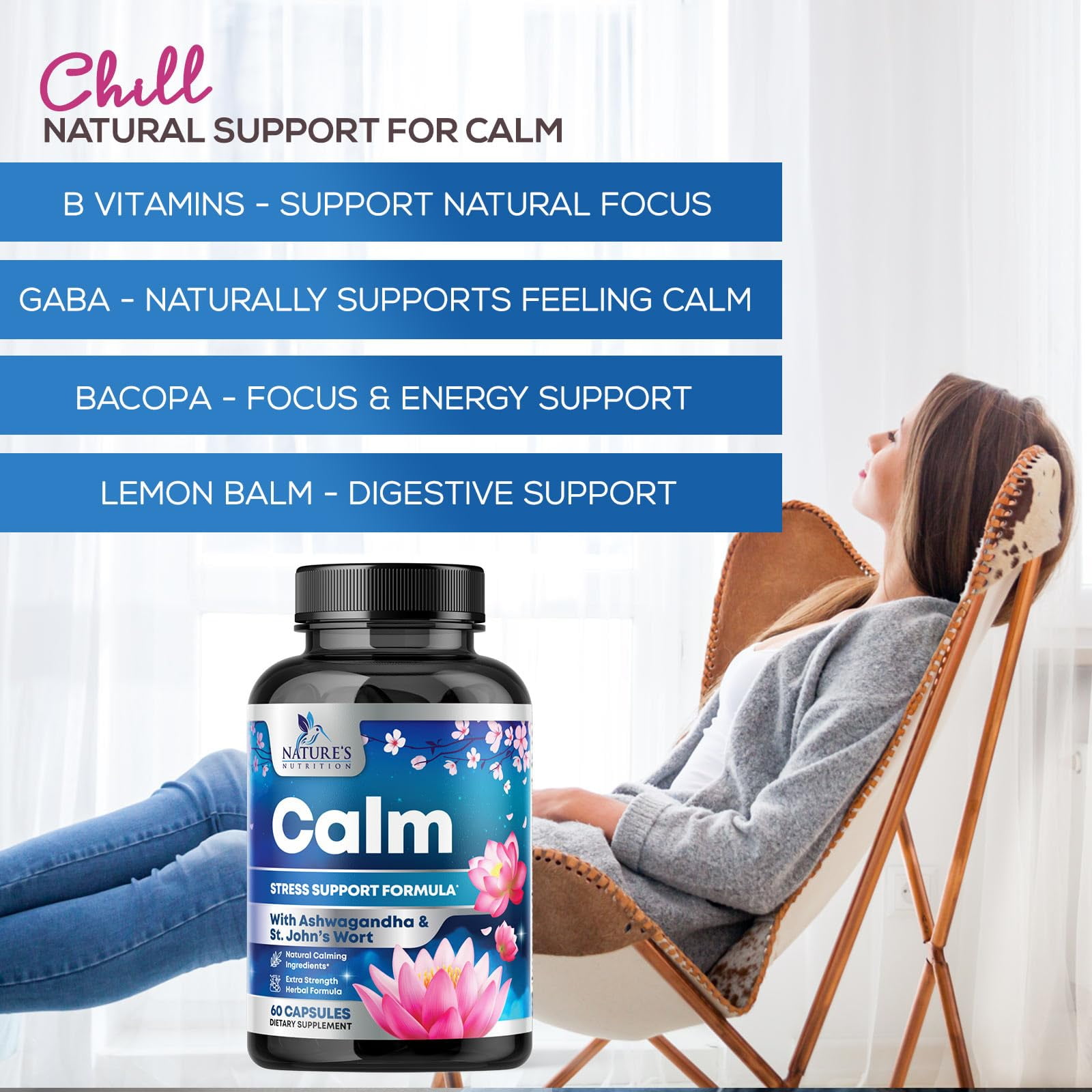 Natural Calm, Unwind & Relax Support - Ashwagandha, GABA, Magnesium, L-Theanine & More - Natural Focus, Energy & Immune Support - Nature's Non-GMO, Vegan, Gluten Free, Bottled in USA - 120 Capsules