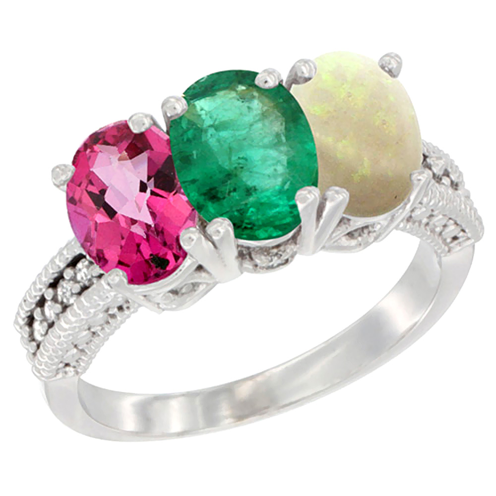 10K White Gold Natural Pink Topaz, Emerald & Opal Ring 3-Stone Oval 7x5 mm Diamond Accent, sizes 5 10 by WorldJewels
