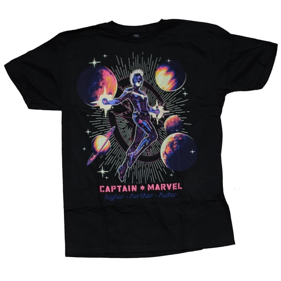 Captain Marvel Mens T-Shirt - Darkened Floating Amongst Planets Over Logo (X-Large)