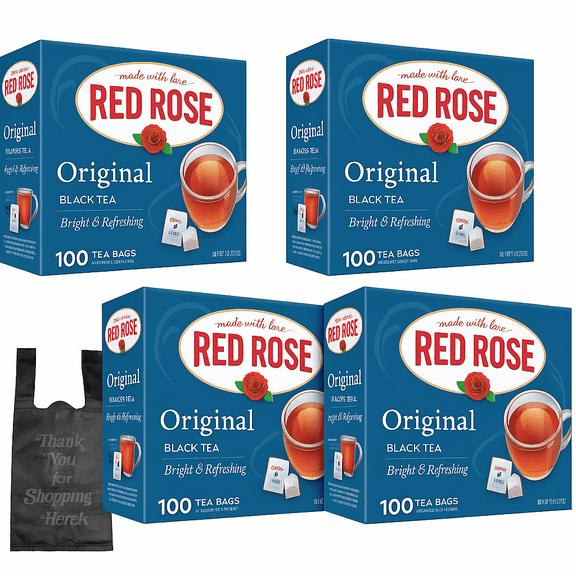 Red Rose Original Full Flavored Black Tea Specially Blended Strong Black Tea with 100 Tea Bags Per Box (Pack of 4)   Free Demaya Reusable Bag