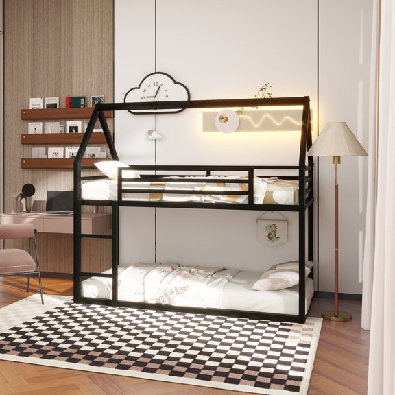 Twin over Twin House Bunk Bed with Built-in Ladder,Black