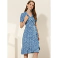 thumbnail image 2 of Unique Bargains Robe d'Été à Volants pour Femmes Col en V Nouée Manches Courtes Midi Robe Florale Bleue S, 2 of 5