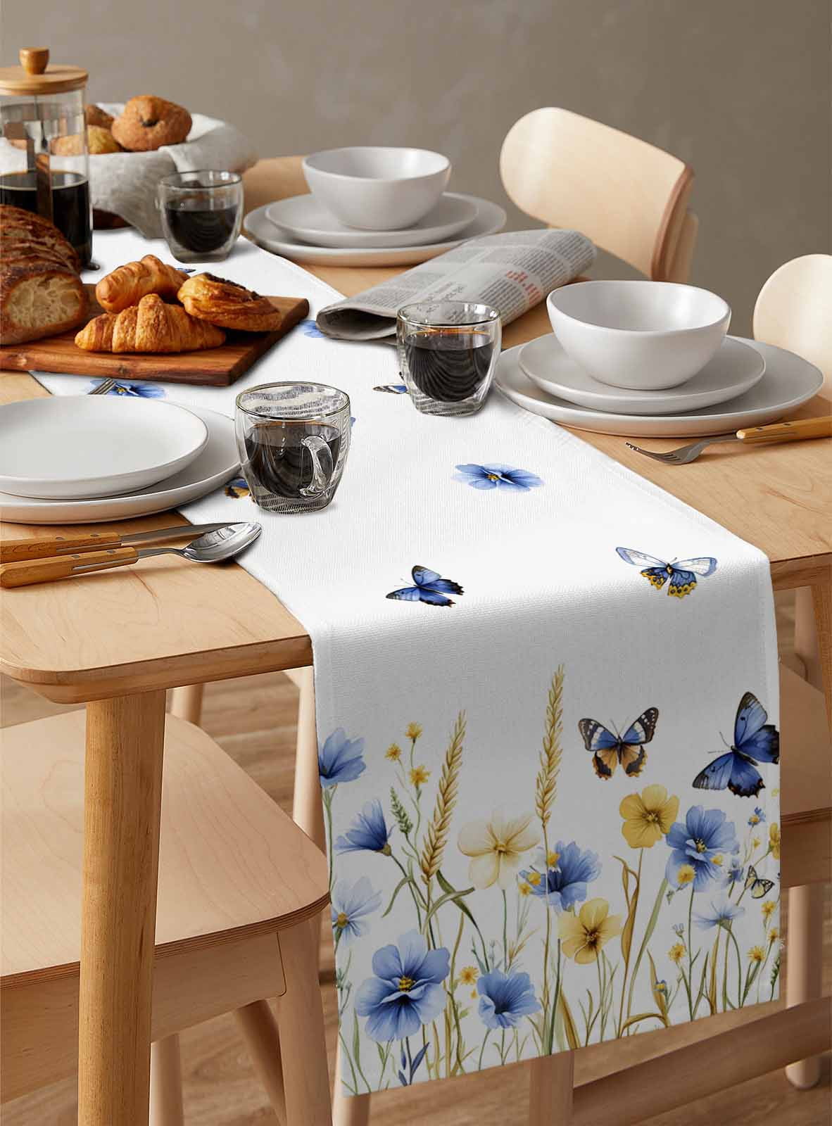 nqOlkjepod Butterflies Floral Table Runner 60 Inches Long Farmhouse Dress Scarves, Country Plants Wildflower Leaves Dining Tablerunner for Coffee Table/Kitchen Island/Party Décor, 13" x 60"
