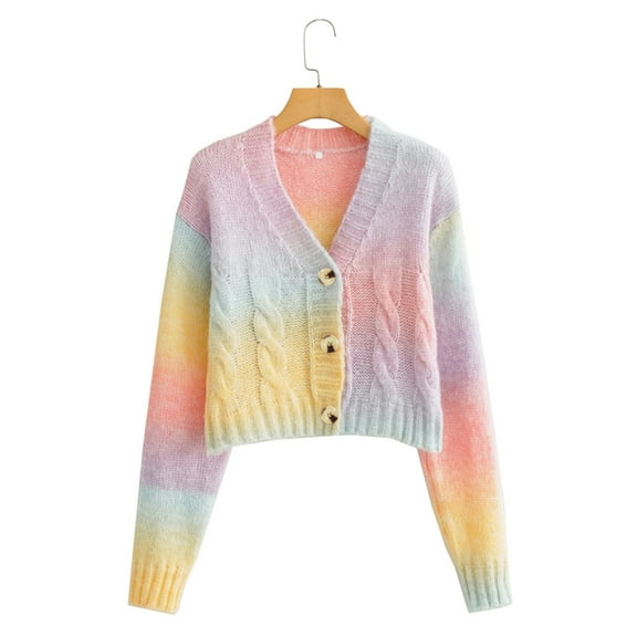 Yokua Women Long Sleeve Sweater Cardigan Cable Knit V-Neck Coat Button Rainbow for Jac