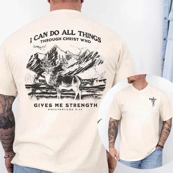 Christian Hunting Shirt Philippians 4:13 – I Can Do All Things Through Christ T-Shirt, Deer Mountain Faith Outdoor Tee for Men