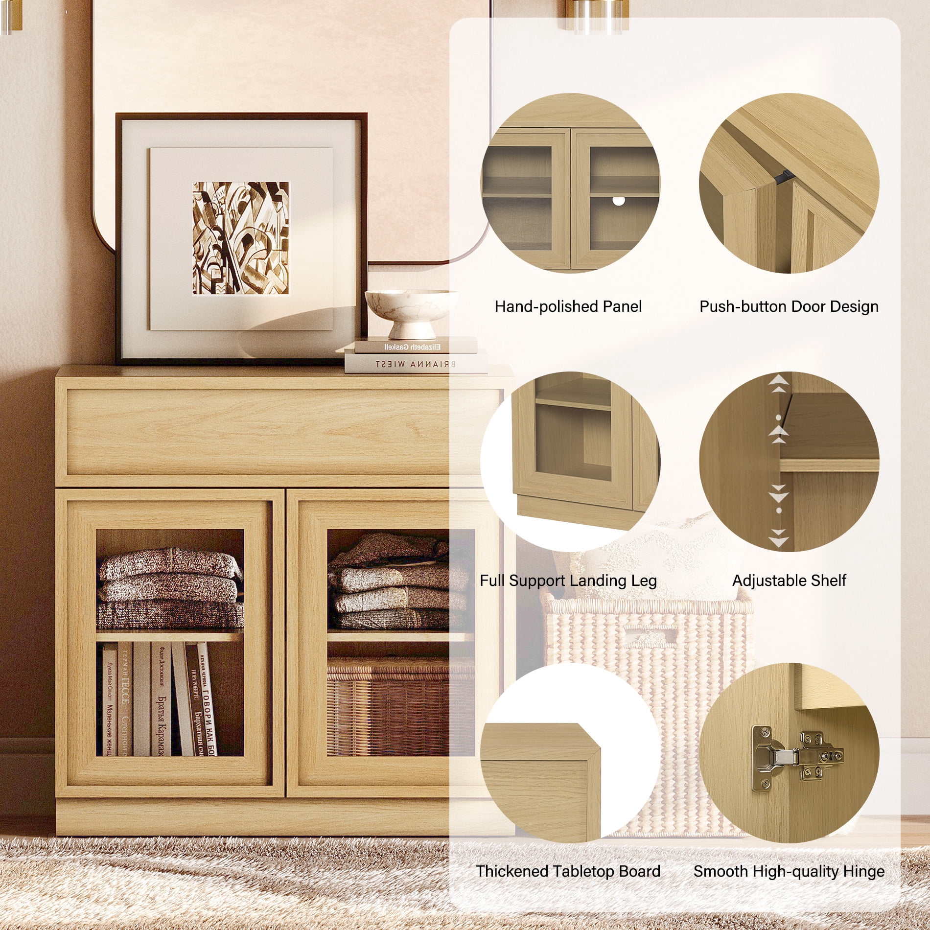31.5" Modern Sideboard Buffet Cabinet with 2 Glass Doors and Drawer, Multifunctional Sideboard with Large Storage and Adjustable Shelf, Oak
