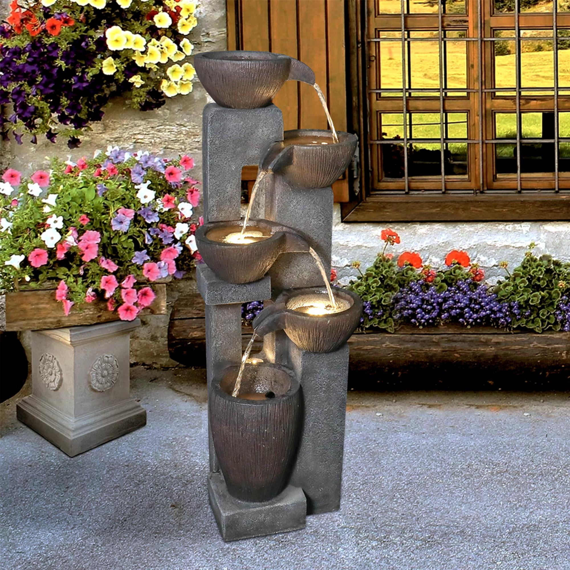 Fountains 5-Tier Modern Rustic Indoor & Outdoor Fountain, Dark Brown Finish with LED Lights | Resin | Tiered Waterfall