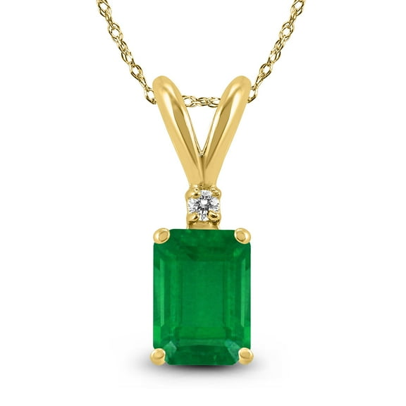 SZUL Women's 14K Yellow Gold 6x4MM Emerald Shaped Emerald and Diamond Pendant
