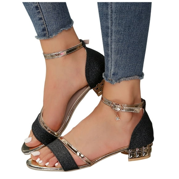 Women's Low Block Heel Sandals Sparkly Open Toe Princess Shoes with Ankle Strap Comfortable Non Slip Dress Shoes Black Size 8