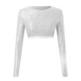 thumbnail image 4 of CENTIE Lingerie for Women's Sequins Solid Round Slim Midriff Long Sleeved Top for White M, 4 of 5