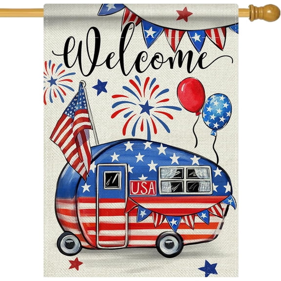 Welcome 4th of July Camping Patriotic Decorative House Flag, America Camper RV Stars Stripes Garden Yard Outside Decorations, American USA Campsite Outdoor Large Home Decor Double Sided 28 x 40