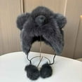 thumbnail image 2 of qolati Cute Plush Bear Ear Winter Hats for Women Faux Furs Beanie Soft Warm Fleece Lined Long Straps Snow Ski Cap with Pompom, 2 of 3