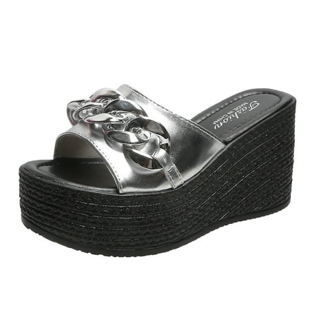 

new home gifts for home Ladies Fashion Leather Metal Chain Platform Wedge Heel Fish Mouth Sandals PU Silver