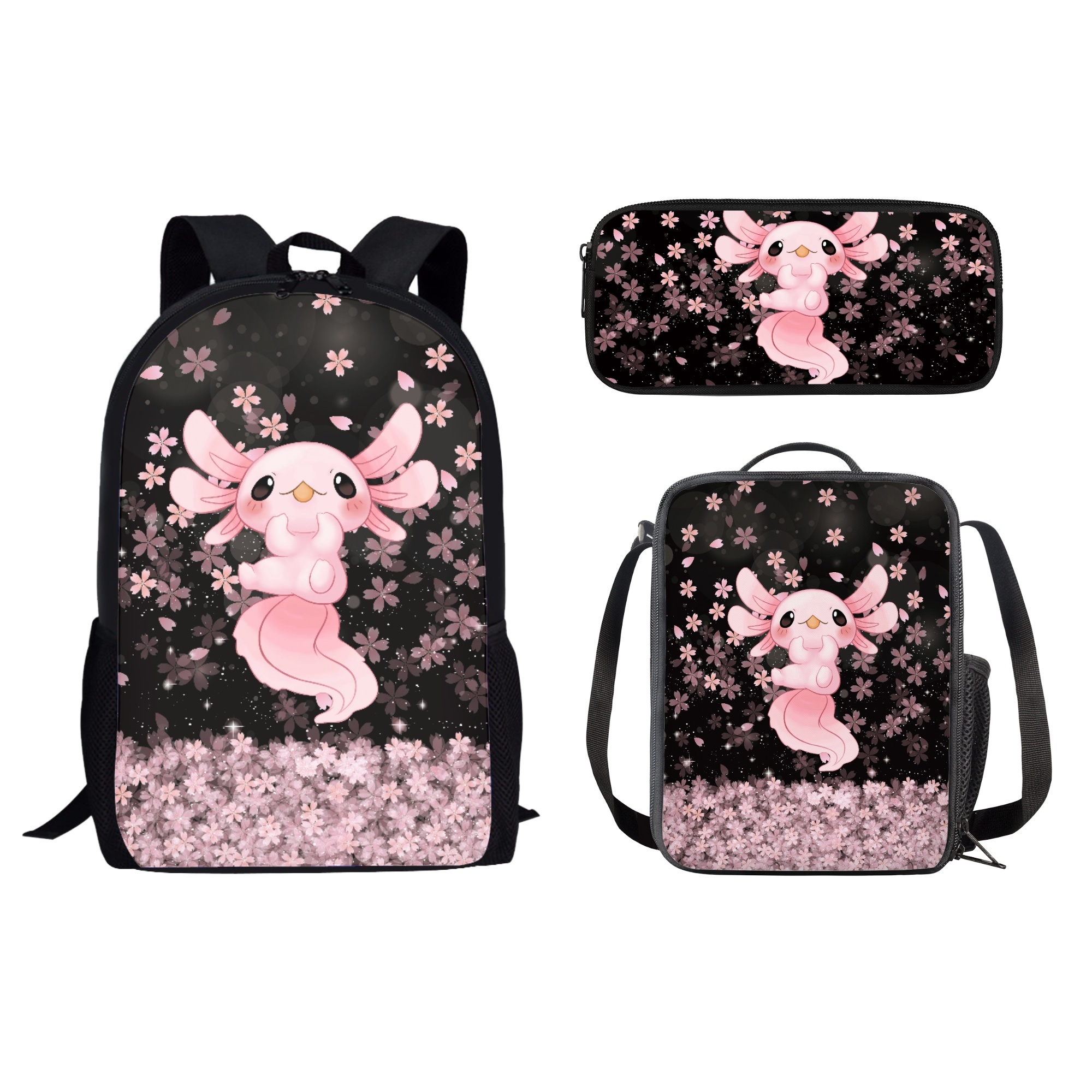 Pzuqiu Pink Cherry Blossom Axolotl School Backpacks with Lunch Bag