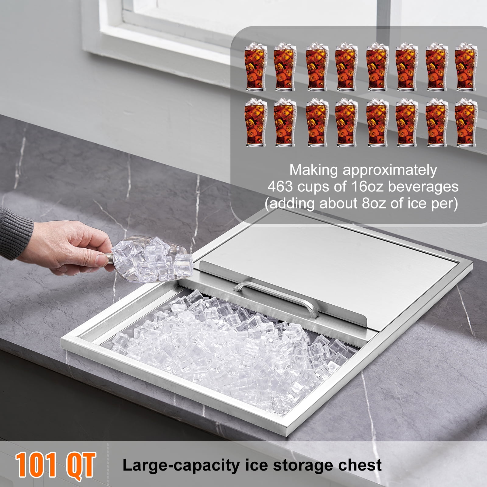 KFFKFF Drop-in Ice Chest, 27"L x 18"W x 21"H Stainless Steel Cooler, Commercial Ice Bin with Sliding Lid, 40.9 qt Outdoor Kitchen Ice Storage, Includes Drain Pipe and Plug, Ideal for Chilled Drinks