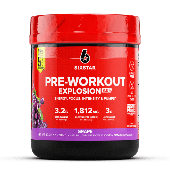 Six Star Pro Nutrition Explosion 2.0 Pre-Workout Powder, Electrolyte Matrix, Grape