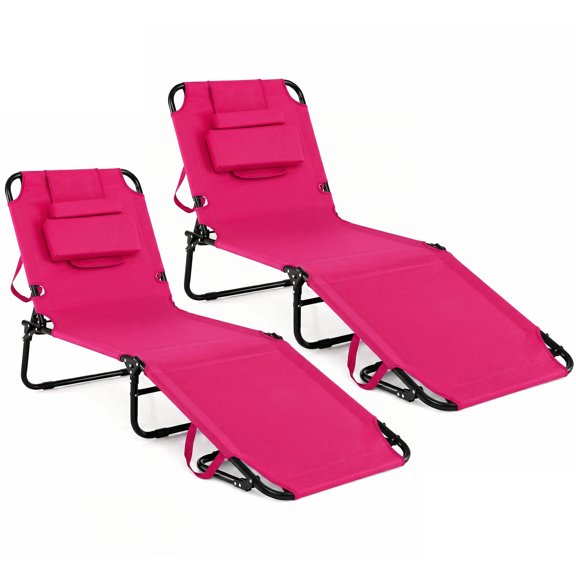 Gymax 2PCS Folding Face Down Tanning Chair Beach Lounge Chair w/ Face Hole Pink