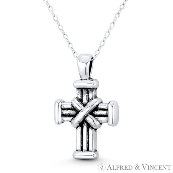 X-Rope Cross Potent 27x17mm (1.1x0.7in) Pendant & Chain Necklace in Oxidized .925 Sterling Silver