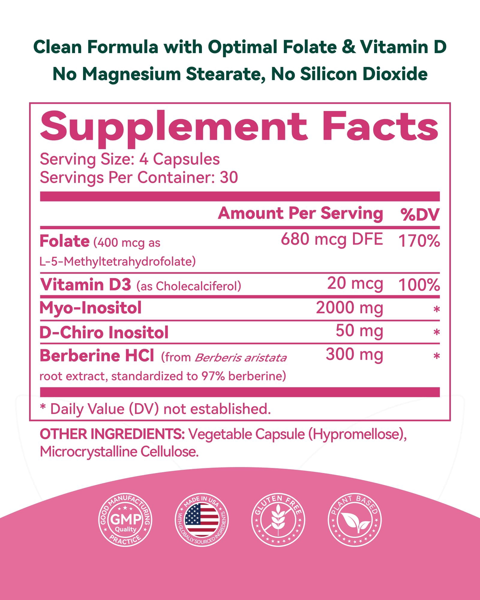 Inner Brightness Myo & D-Chiro Inositol 40:1 Supplement for Women, Reproductive Wellness with Berberine & MTHF Folate, 120 Capsules