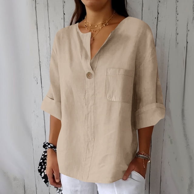 Babysbule Chemise en Coton et Lin à Col en V pour Femme, Blouse Tunique Décontractée à Manches Longues avec Poches