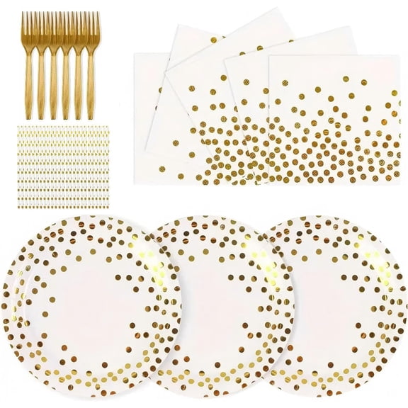 105PCS Party Plates and Napkinss Set - White and Gold Dot Disposable Paper Party Dinnerware for Birthdays, Graduations, Weddings and Holidays