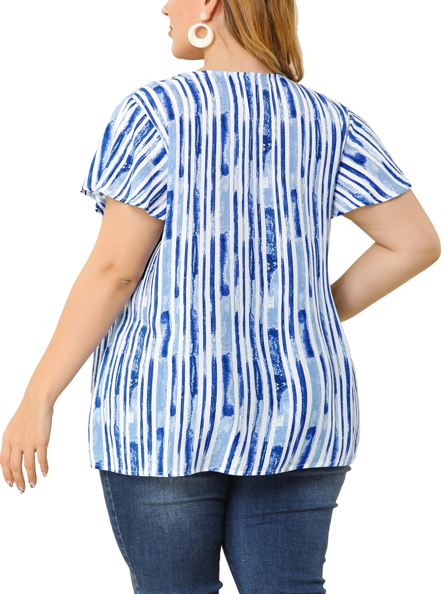 Unique Bargains Women's Plus Size Blouses Short Sleeve Loose Stripe Top