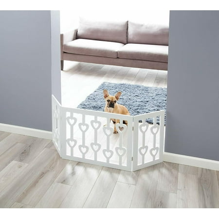 White Wooden Hearts Folding Pet Gate - Free Standing Indoor / Outdoor Dog Fence