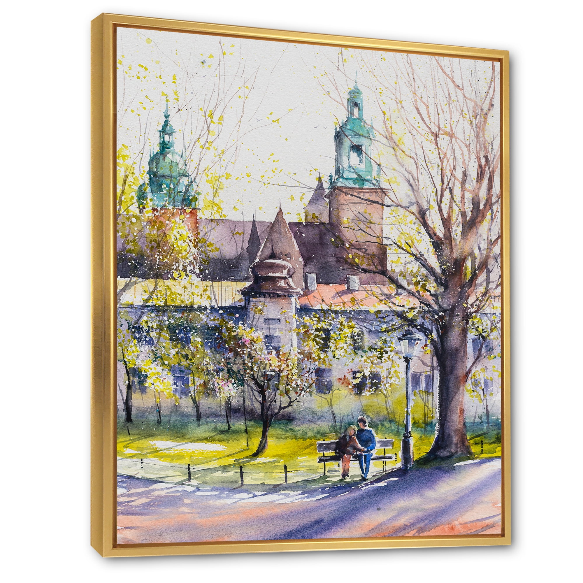 Designart 'Castel Through The Trees of The Park With Couple Sitting on Bench' Country Framed Canvas Wall Art Print