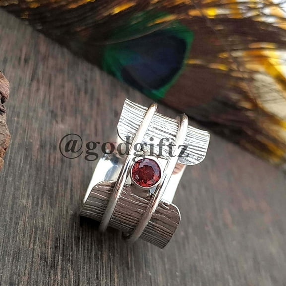 INISHA CREATION Natural Garnet Spinner Ring, Solid 925 Sterling Silver Designer Band, Handmade Band Ring, Silver Fashion Garnet Jewelry, Women's Jewelry