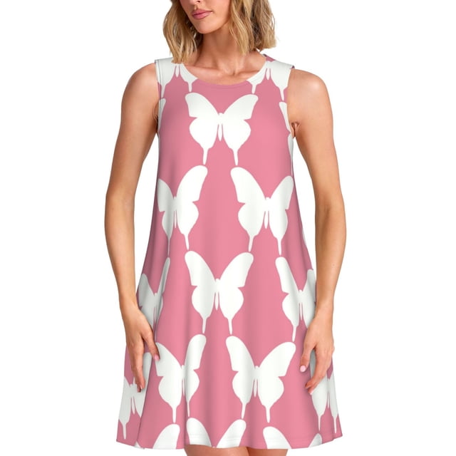 Easygdp Butterfly 2 para Vestido Transpirable de Mujer, Vestido Suelto de Manga Corta con Pliegues y Bolsillos para el Verano