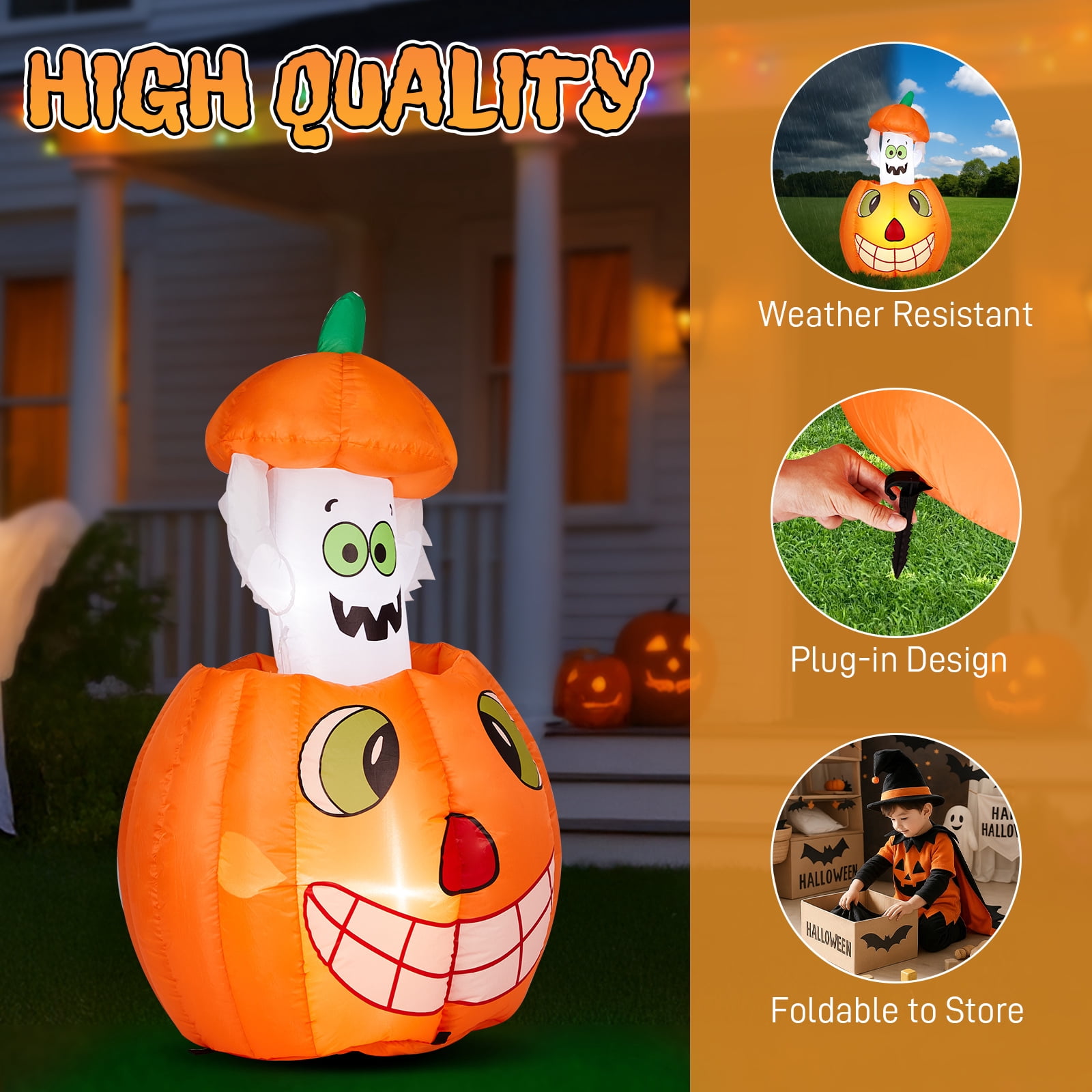 Astoutdoor 2.8 ft Halloween Inflatable Animated Pumpkin Ghost with Built-in White LEDs, Polyester Outdoor Decoration