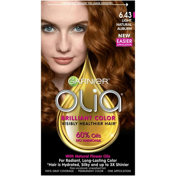 Garnier Olia Oil Powered Permanent Hair Color, 6.43 Light Natural Auburn, 1 kit