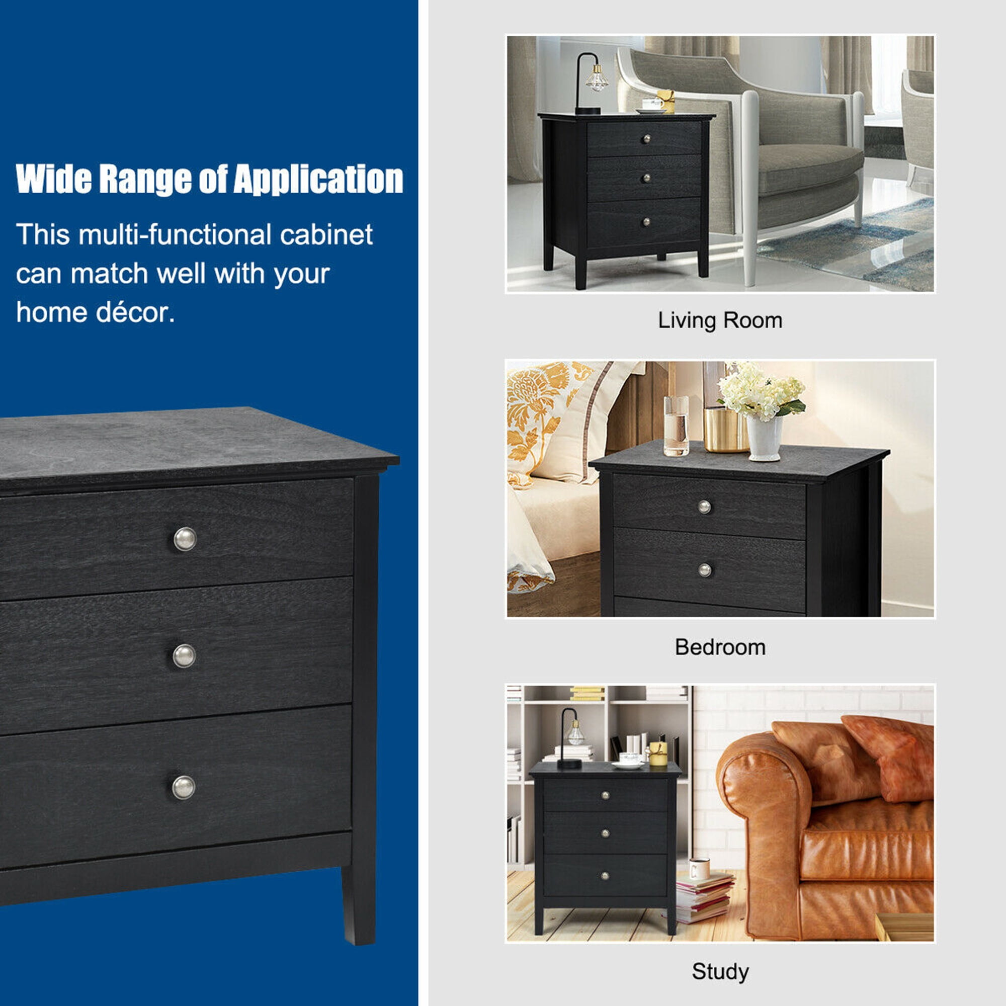 Gymax Accent Table Organizer Nightstand Beside End Side Table W/3 Drawers Black