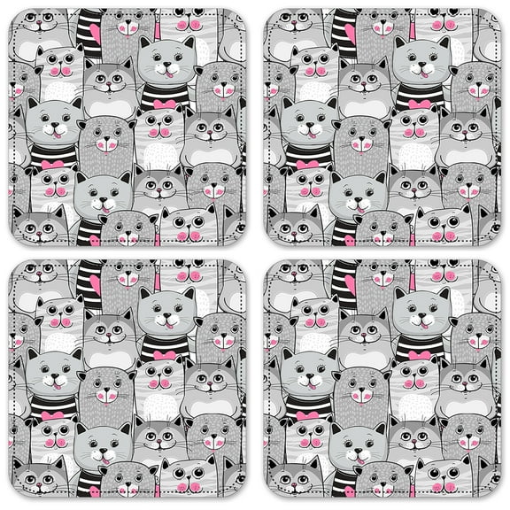 Vinyl Drink Coasters - Set of 4 - Gray, White & Pink Cat Toss
