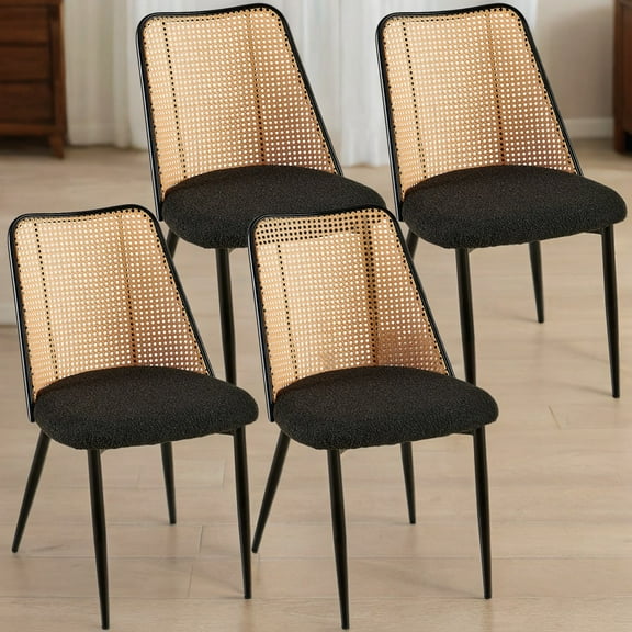 Black Boucle Rattan Dining Chairs Set of 4, Modern Cane Back Upholstered Kitchen & Living Room Chairs, Comfortable & Stylish, 19.7"W