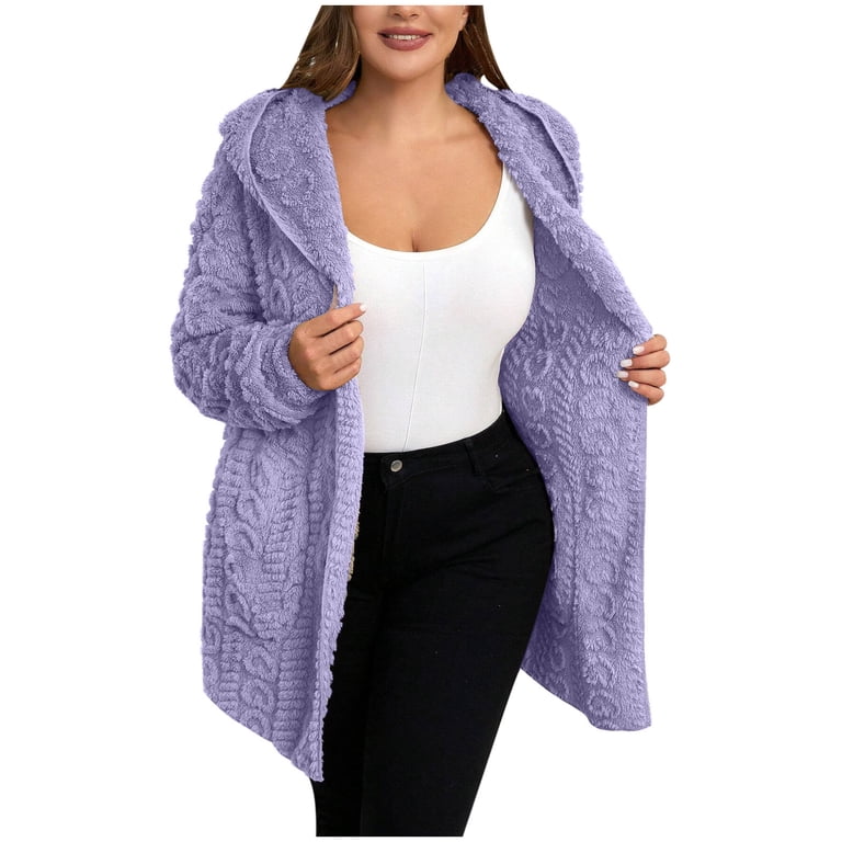 Trendy Knit Sweater Jacket Mid Length Open Front Hooded Cardigan