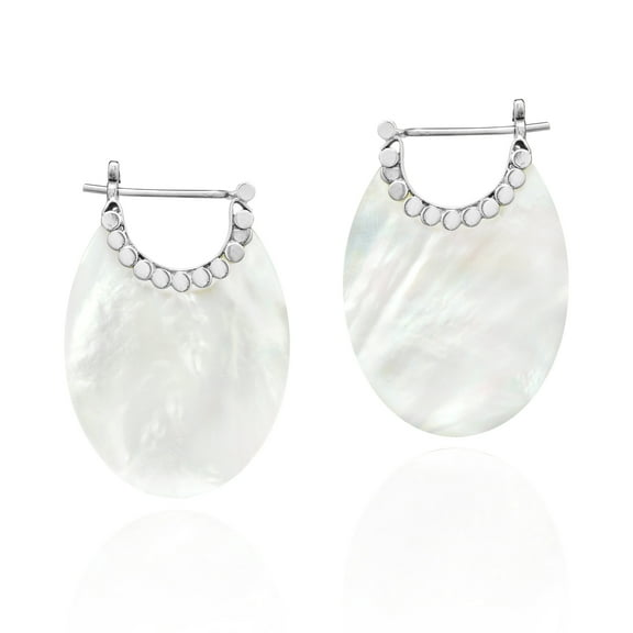 Shimmering Iridescence Oval Shaped White Shell & Sterling Silver Huggie Earrings